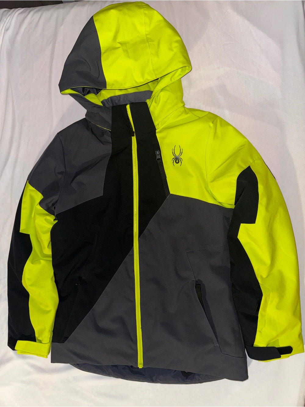 Spyder Neon Yellow, Gray & Black Colorblock Ski Jacket with Hood